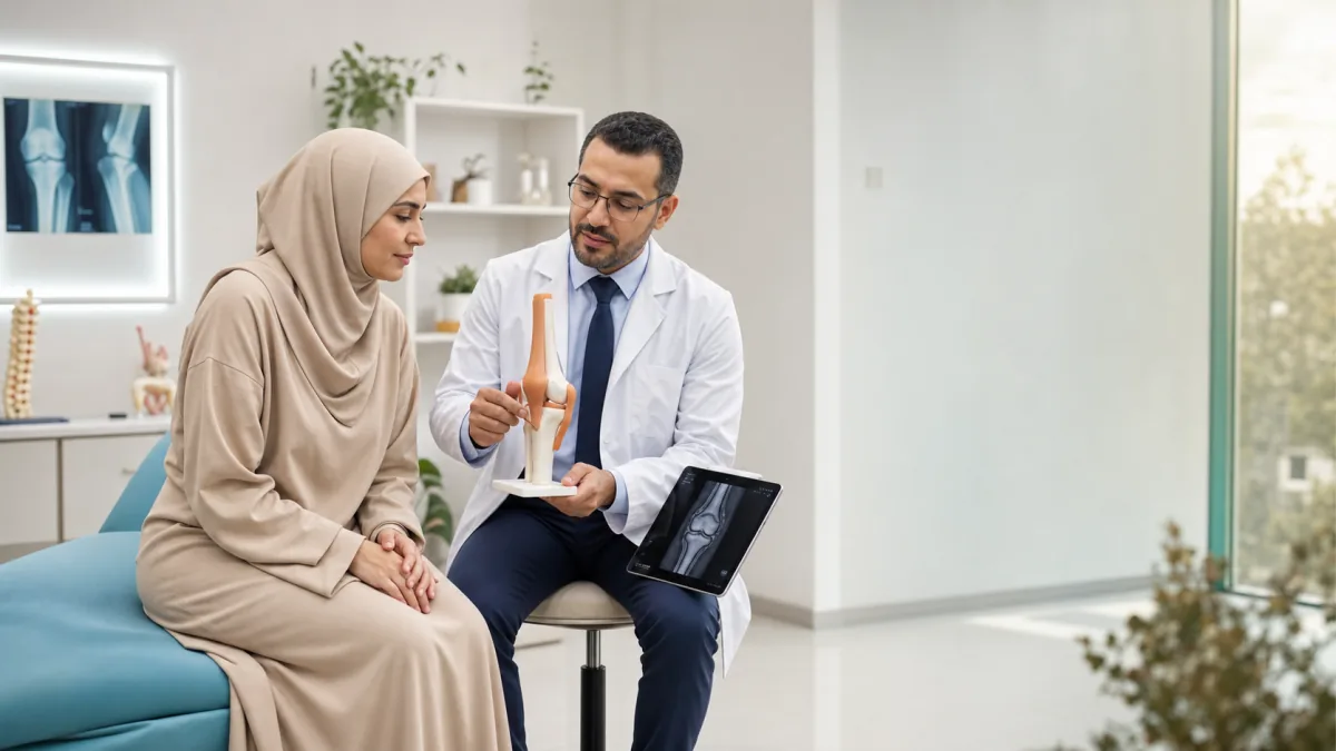 طبيب عظام يشرح صحة الركبة والمفاصل لمريضة ترتدي الحجاب