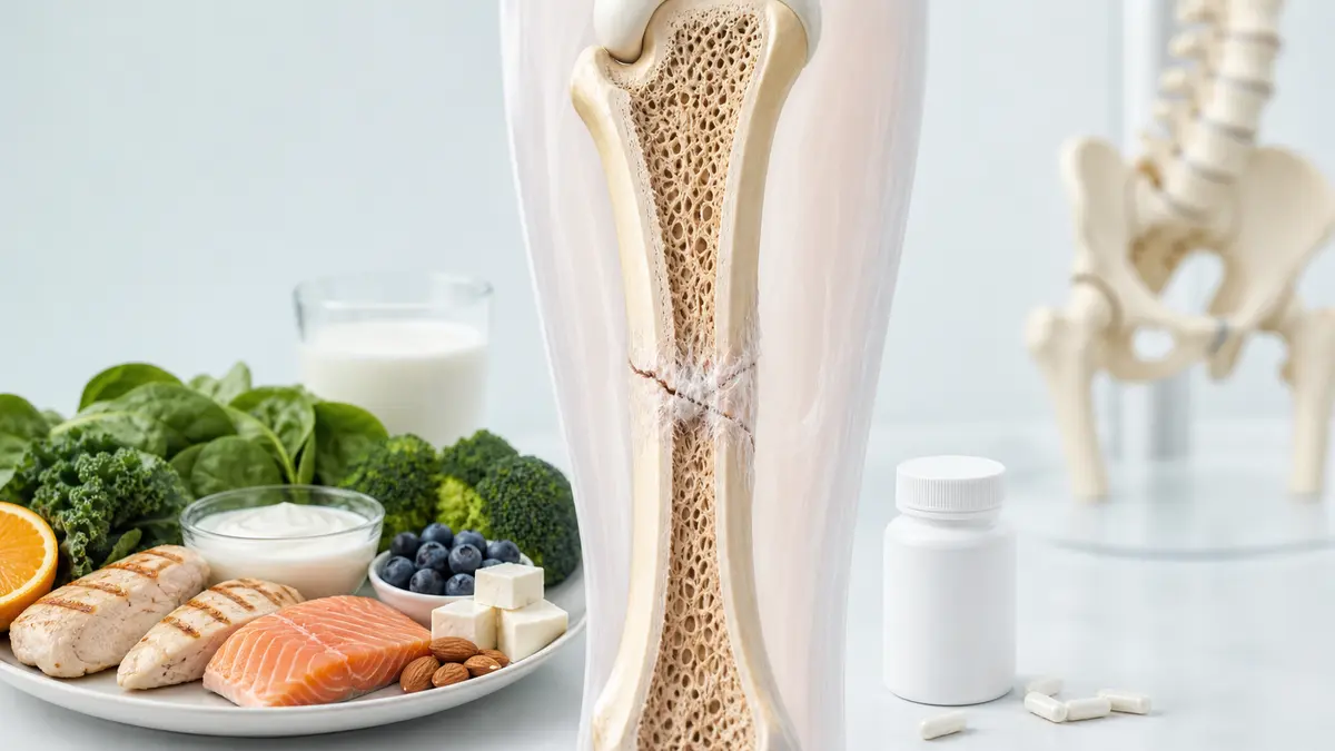 صورة تعليمية تجمع بين عظم في مرحلة الالتئام وغذاء متوازن داعم لصحة العظام